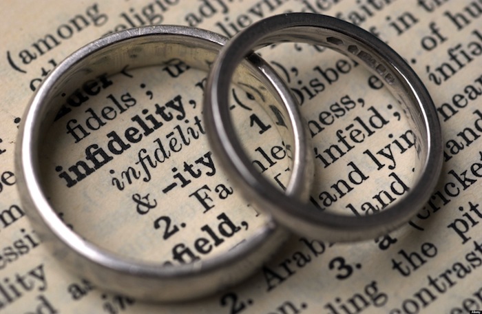 A3G275 Wedding rings on a dictionary showing the word infidelity